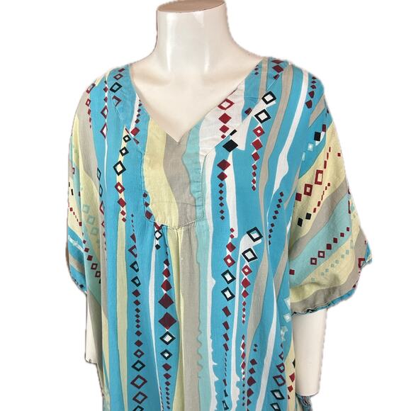 Blue Geometric Diamond Stripe Caftan Dress Beach Cover Up / One size * - Picture 2 of 4